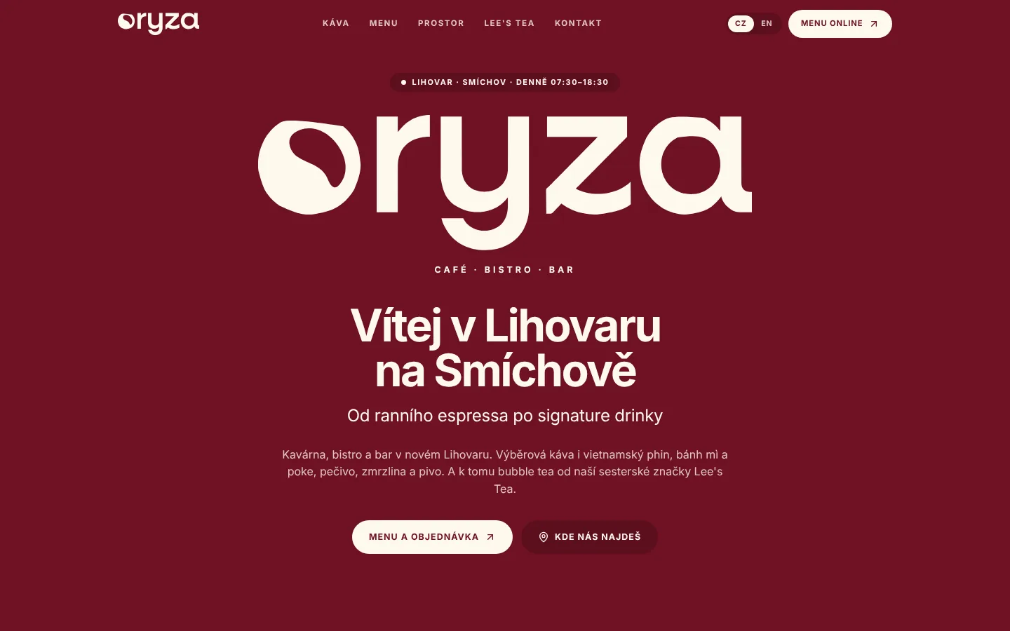 Oryza website on desktop: large wordmark on burgundy