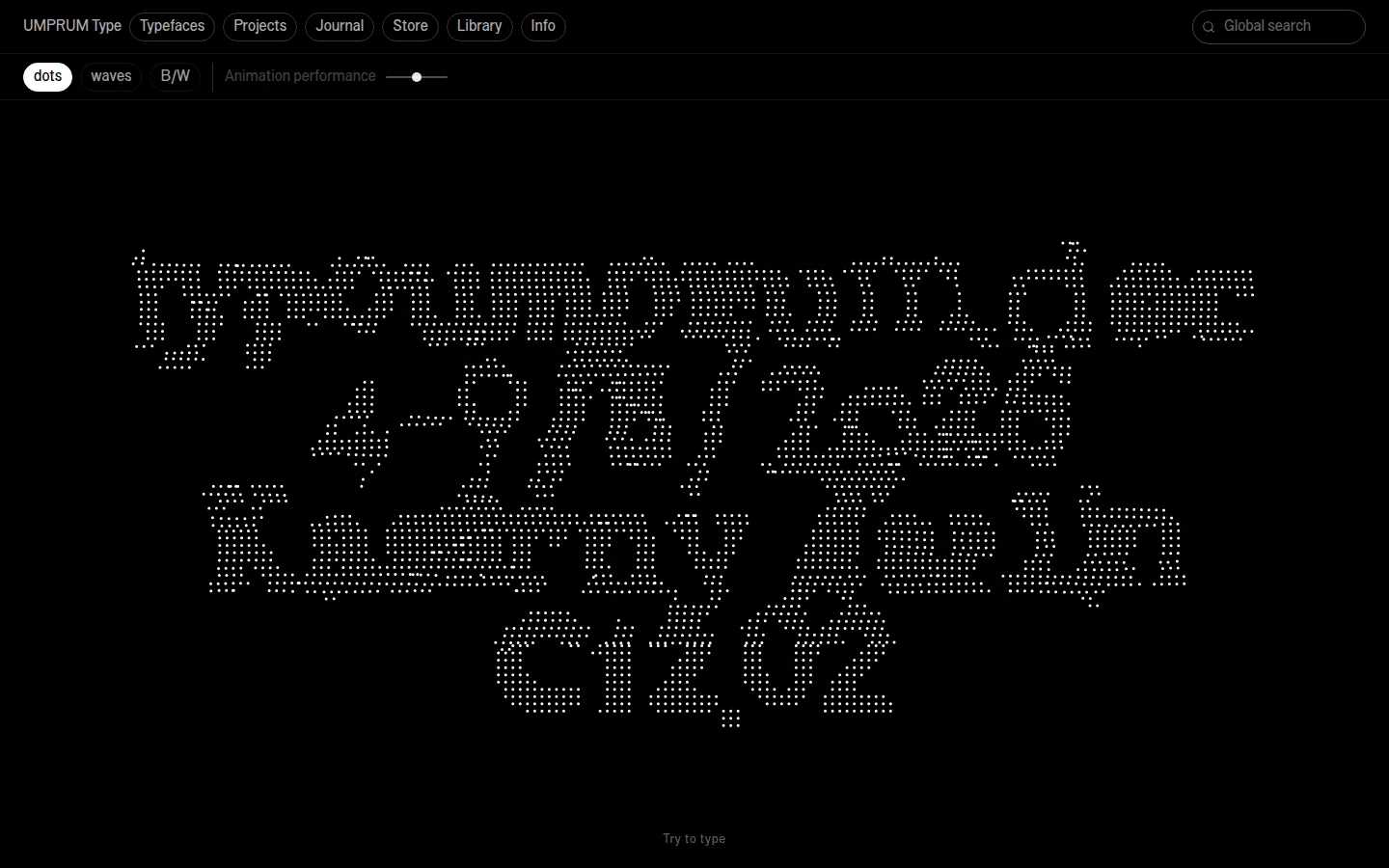 UMPRUM Type home page: kinetic lettering drawn in dots on black