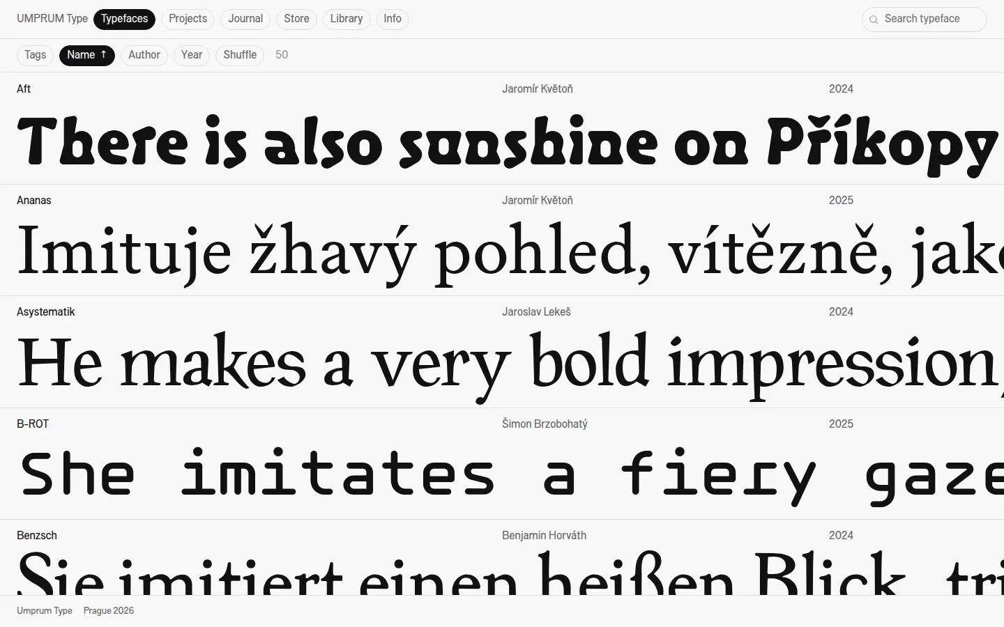 UMPRUM Type typefaces list: one line per typeface, set in that typeface